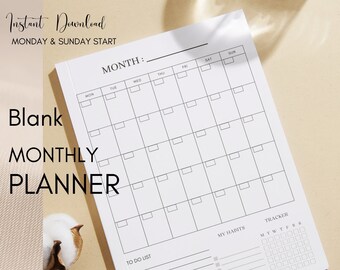 Planificador mensual / PDF imprimible (A3, A4, A5, Carta EE. UU.) / Minimalista sin fecha