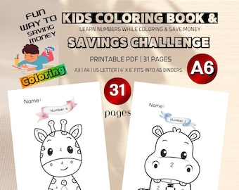 Desafío de colorear y ahorrar para niños / Aprender números (Descarga digital)