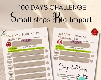 RETO DE 100 DÍAS / Pequeños pasos, gran impacto / Seguimiento de retos / Minimalista / Descarga instantánea / PDF imprimible