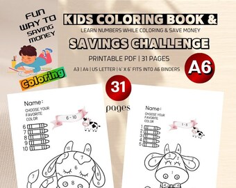 Libro para colorear "Desafío de ahorro para niños" / Aprendizaje de números (PDF imprimible)