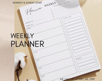 Planificador semanal imprimible / Sin fecha, A3 A4 A5 (PDF) / Minimalista