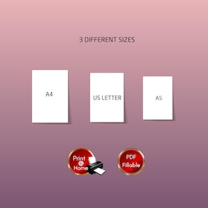 May include: Three white paper sheets with the text "A4", "US Letter", and "A5" printed on them. Below the sheets are two red circles with white text. The left circle says "Print @ Home" and has a printer icon. The right circle says "PDF Fillable".