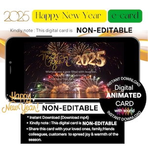 2025, carte de joyeux nouvel an, téléchargement numérique, carte animée de feu d'artifice, carte électronique, bonne année, envoi par message, téléchargement immédiat,