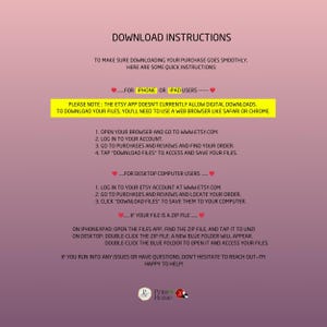 May include: Pink and white graphic with the text "Download Instructions" and instructions on how to download digital files from Etsy using a web browser on a computer or mobile device. The text also includes the words "Print Home" and a logo with a house and a printer.
