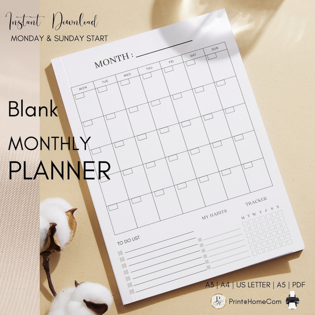 Monthly Planner Undated Printable Monthly Calendar | A3 A4 US Letter A5