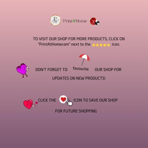 May include: Pink and white graphic with a heart and umbrella icon. Text reads "Don't forget to favourite our shop for updates on new products!" and "Click the heart icon to save our shop for future shopping."