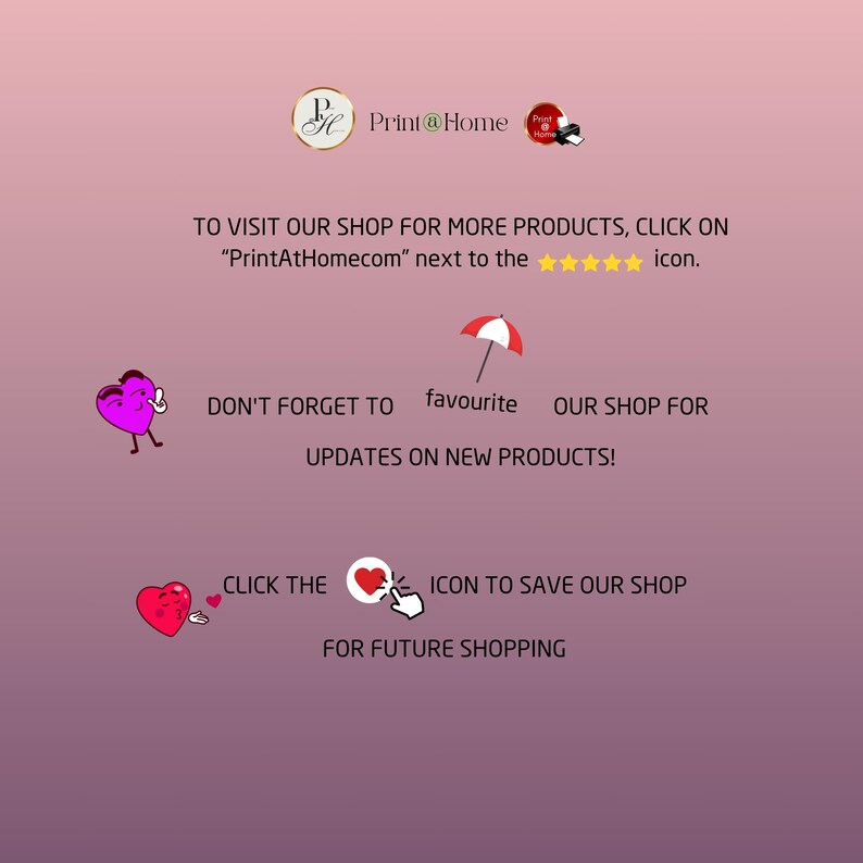 May include: Pink and white graphic with a heart and umbrella icon. Text reads "Don't forget to favourite our shop for updates on new products!" and "Click the heart icon to save our shop for future shopping."