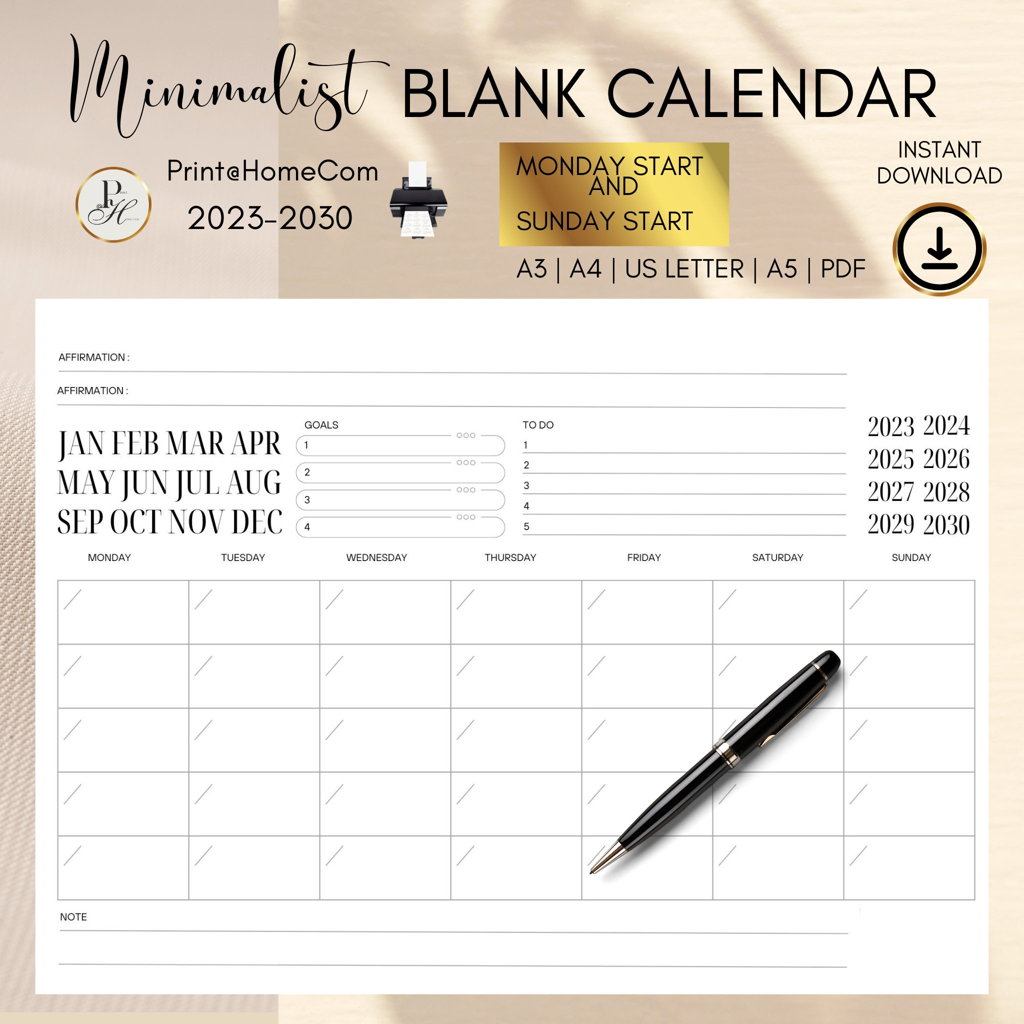 Printable Landscape Monthly Calendar Wall Calendar Minimalist Calendar ...
