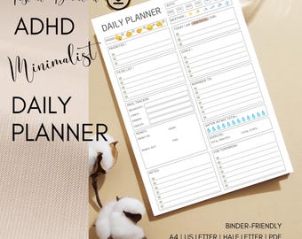 Planificador diario para TDAH / Lista de tareas minimalista, registro de comidas (descarga digital)