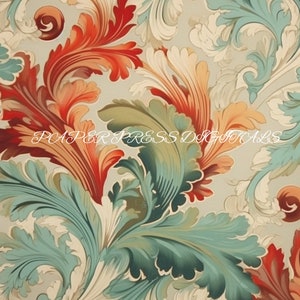 May include: A vintage style wallpaper pattern with a repeating design of stylized leaves in shades of teal, green, orange, and red on a cream background.