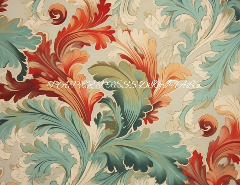 May include: A vintage style wallpaper pattern with a repeating design of stylized leaves in shades of teal, green, orange, and red on a cream background.