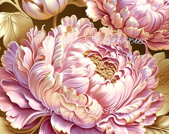 Pink Peonies Brocade Paper Pack, Digital Collage Sheets (Instant Download)