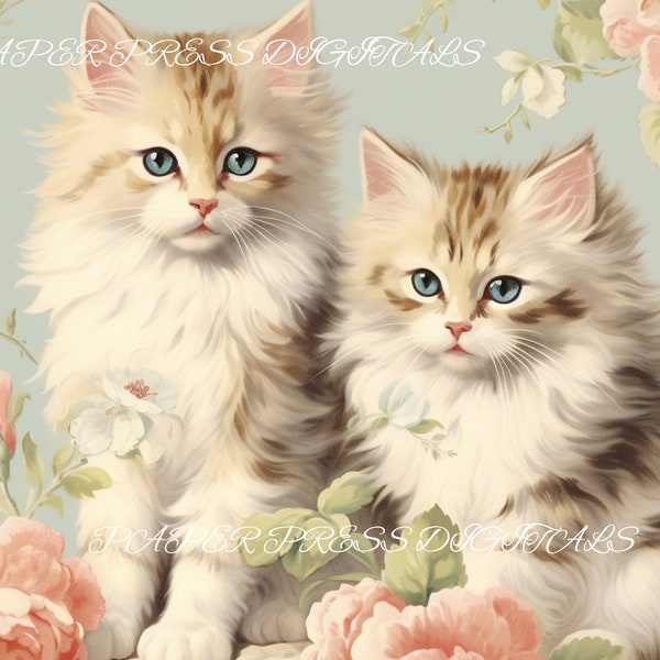 Shabby Chic Vintage Kittens 1, Paper Pack, Digital Art Paper, High Resolution Scrapbook Collage Sheets - INSTANT DOWNLOAD