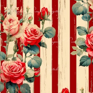 May include: Red and pink roses with green leaves on a background of red and white stripes. The stripes are painted on a wood surface.