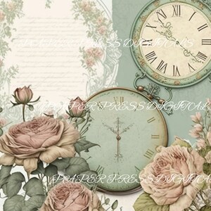May include: A vintage-inspired digital paper pack featuring two antique clocks with roman numerals and delicate floral accents. The clocks are set against a soft green background with a floral border. The paper pack includes a variety of floral elements, including roses, leaves, and vines.