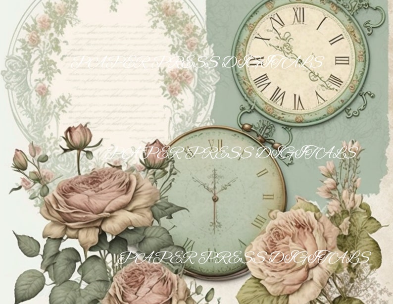 May include: A vintage-inspired digital paper pack featuring two antique clocks with roman numerals and delicate floral accents. The clocks are set against a soft green background with a floral border. The paper pack includes a variety of floral elements, including roses, leaves, and vines.