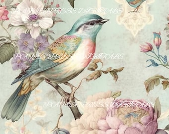 Shabby Chic Birds and Roses Digital Paper, Collage Sheets (Instant Download)