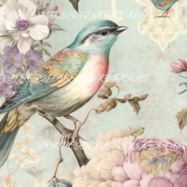 Shabby Chic Vintage Birds & Floral Digital Paper, Shabby Chic Paper Pack, Roses and Birds Scrapbook Collage Sheets. Roses - INSTANT DOWNLOAD