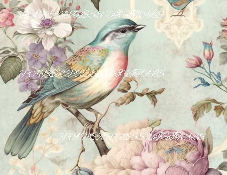 May include: A watercolor painting of a blue bird perched on a branch with pink and white flowers. The background is a light blue with a vintage floral pattern.
