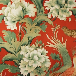 May include: A red fabric with a floral pattern featuring white flowers and green leaves. Two birds are depicted on the fabric, one brown and one with a green tail and orange body.