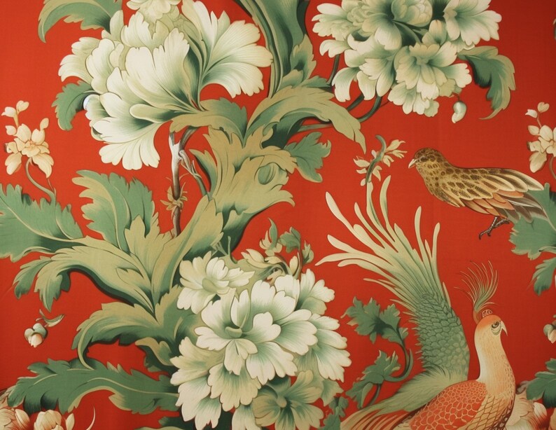 May include: A red fabric with a floral pattern featuring white flowers and green leaves. Two birds are depicted on the fabric, one brown and one with a green tail and orange body.