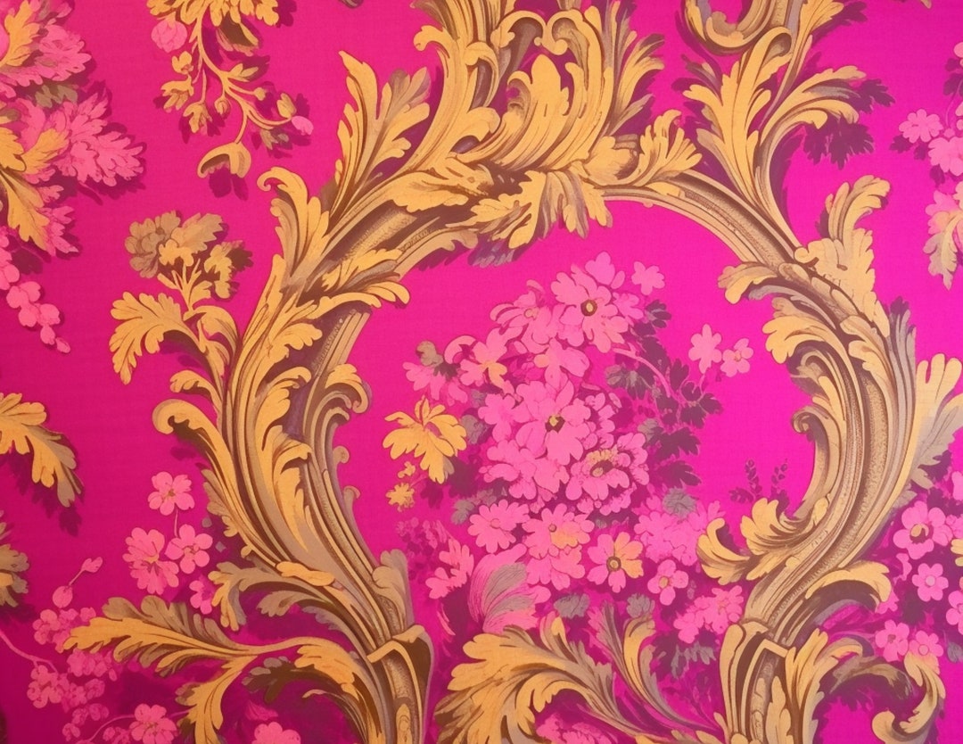 Pink Rococo Style Vintage Wallpaper in Vibrant Pink and Gold, Digital ...