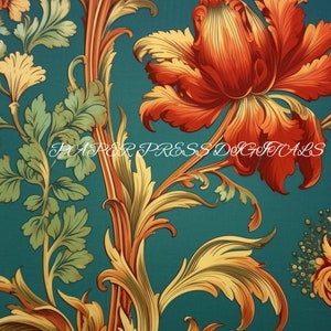 May include: A teal background with a large orange flower with yellow accents. The flower is surrounded by green leaves and stems.