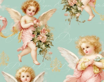 Paquete de papeles digitales vintage de querubines y rosas, collage para álbumes de recortes (descarga instantánea)