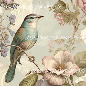 May include: A blue bird with brown and white markings perched on a branch with delicate pink and white flowers. The background is a light blue with a floral pattern.