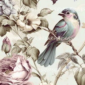 May include: A vintage illustration of a blue bird perched on a branch with pink and white flowers. The background is a light blue.