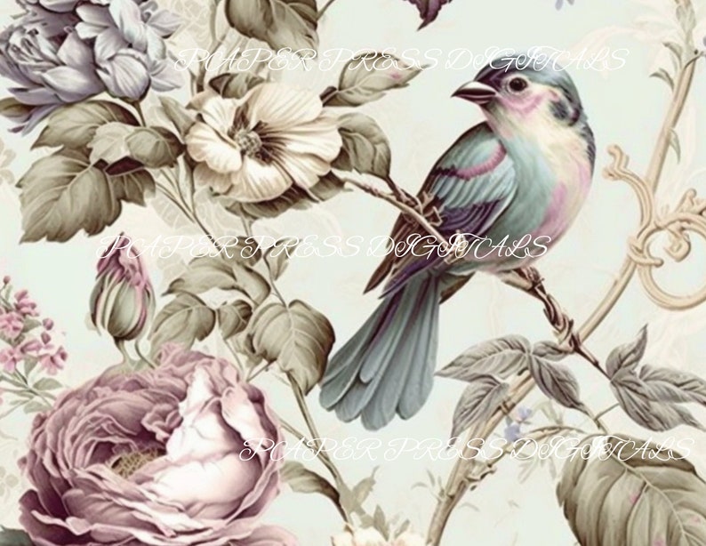 May include: A vintage illustration of a blue bird perched on a branch with pink and white flowers. The background is a light blue.