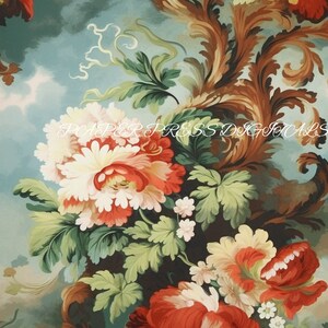 May include: A vintage floral print fabric featuring a bouquet of red, white, and yellow flowers with green leaves against a blue and white cloudy sky background. The fabric has a baroque style design with ornate swirls and scrolls.