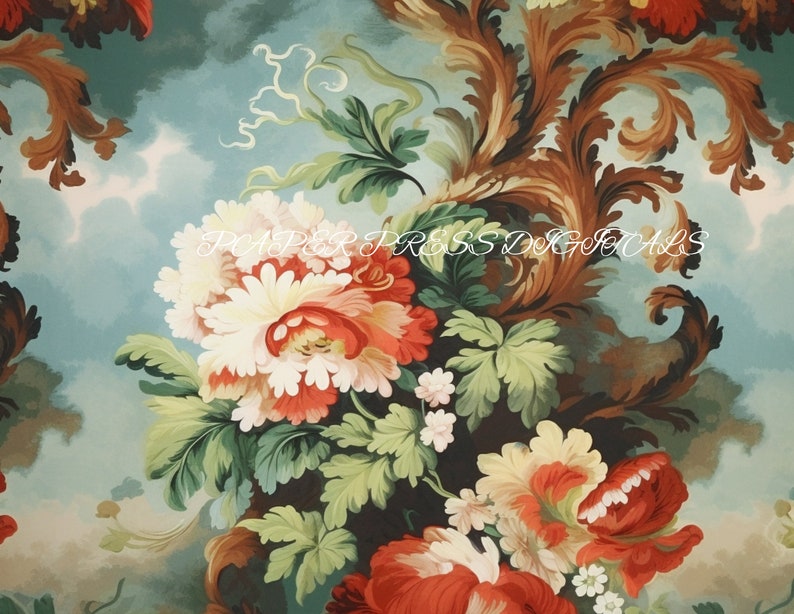 May include: A vintage floral print fabric featuring a bouquet of red, white, and yellow flowers with green leaves against a blue and white cloudy sky background. The fabric has a baroque style design with ornate swirls and scrolls.
