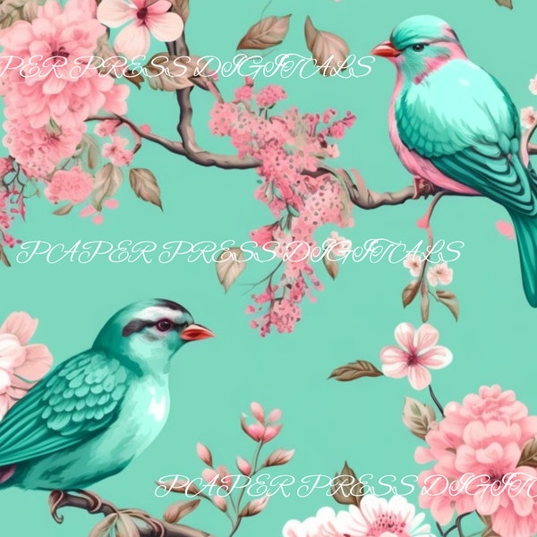 Vintage Cherry Blossoms and Birds Digital Art Paper, Shabby Chic Paper Pack, High Resolution Scrapbook Collage Sheets - INSTANT DOWNLOAD