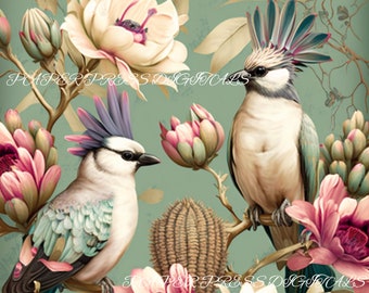 Shabby Chic Floral Bird Art Paper, Collage Sheet (Digital Download)