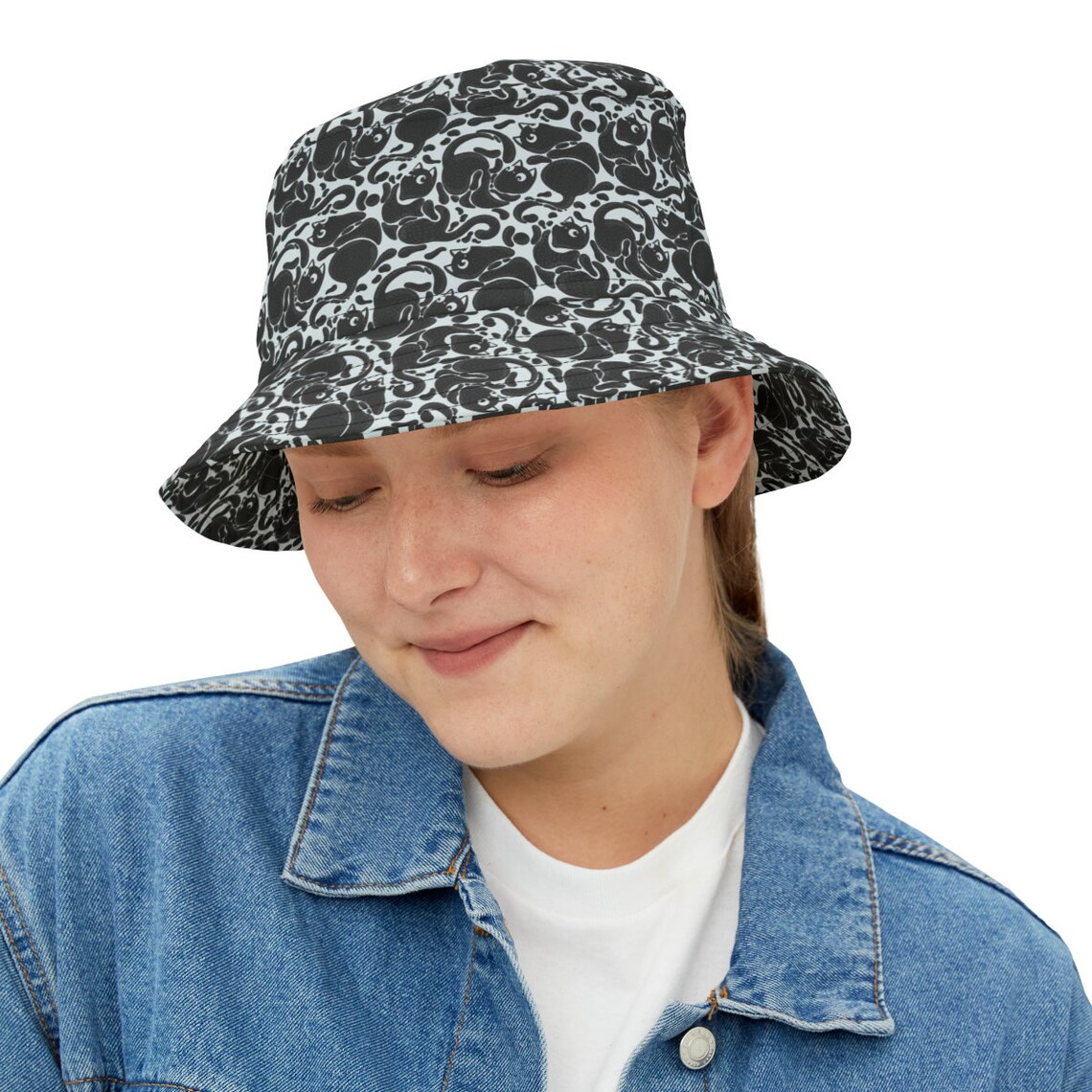 Fun Party Bucket Hat With Black White Cats , Cool Adult Festival Gear