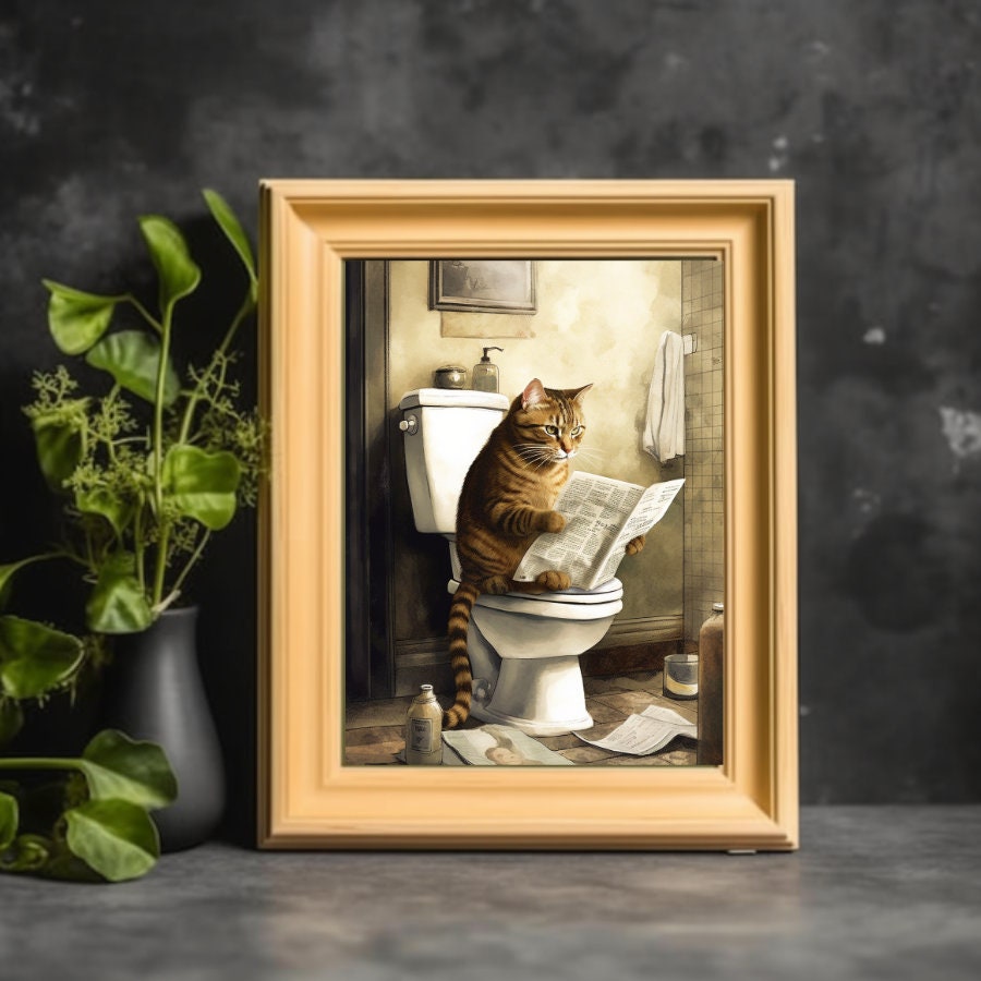 Whimsical Bathroom Wall Art:digital Playful Cat on the Toilet Digital ...