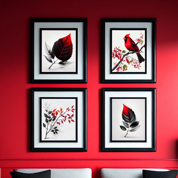 PRINTABLE Gallery Set Print Cardinal, Red & Black Leaves and Branches v2 | Bird Art | Branch Art | Leaves Art | Trees and Leaves | Cardinal