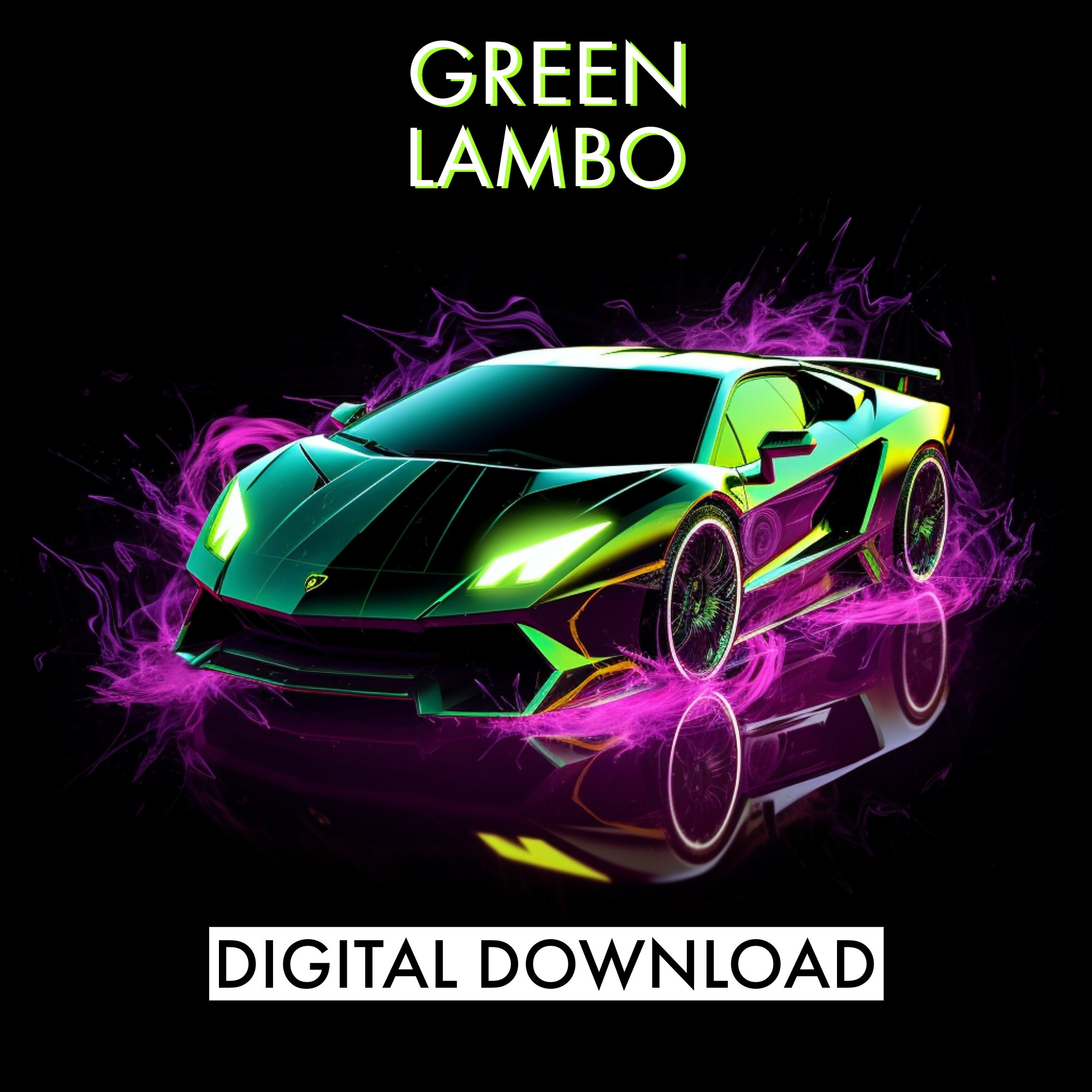 PRINTABLE Green Lamborghini Digital Download | Neon Prints | Neon Lambo | Bedroom Poster | Bedroom Prints | Kids Room | Car Art | Sports Car