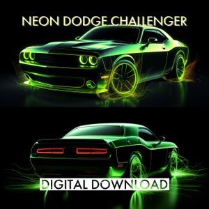 PRINTABLE 2 Set Neon Dodge Challenger Digital Download | Neon Prints | Kid&#39;s Bedroom Posters | Bedroom Prints | Car Art | Sports Car | Neon