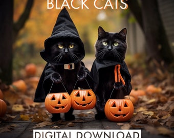 PRINTABLE Trick or Treating Black Cats | Halloween Art | Autumn Decor | Trick or Treating | Spooky Season | Fall | Halloween Cat Wall Art