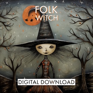 PRINTABLE Witch Folk Art  | Halloween Folk Art | Autumn Decor | Haunted Print | Spooky Season | Halloween Witch | Witch Wall Art | Folk Art