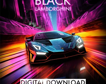 AFDRUKBARE zwarte Lamborghini digitale download | Lamborghini-poster | Neonafdrukken | Neon lambo | Slaapkamerposters | Slaapkamerafdrukken | Autokunst