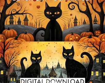Puede incluir: Conjunto de impresiones artísticas digitales con gatos negros, calabazas y casas espeluznantes sobre un cielo naranja. Las palabras "BLACK CAT FOLK ART SET" y "DIGITAL DOWNLOAD" están en texto blanco. La obra es de estilo folk art.