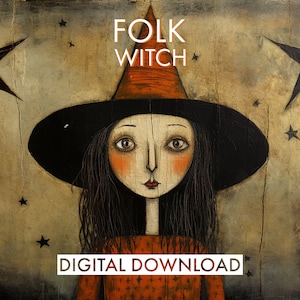 PRINTABLE Witch Folk Art v3  | Halloween Folk Art | Autumn Decor | Haunted Print | Spooky Season | Halloween Witch | Witch Wall Art