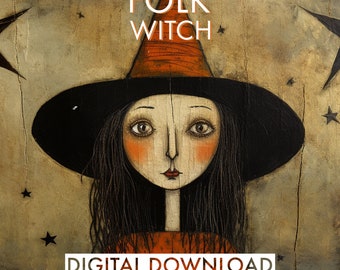 Puede incluir: Impresión artística de descarga digital que presenta una bruja folclórica con un gran sombrero negro y un sombrero puntiagudo naranja. La obra de arte tiene una estética vintage, con las palabras "FOLK WITCH" y "DIGITAL DOWNLOAD" en texto blanco.
