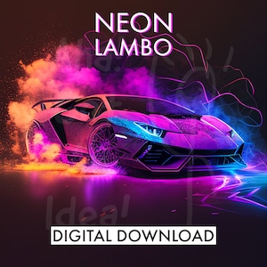 Op de afbeelding: Een levendige neon roze en blauwe Lamborghini sportwagen met een rokerige achtergrond. De tekst "NEON LAMBO" staat bovenaan de afbeelding. De tekst "DIGITAAL DOWNLOADEN" staat onderaan de afbeelding.