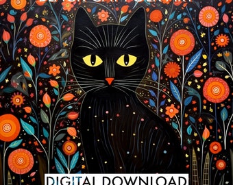 Puede incluir: Descarga digital de una pintura de arte popular que presenta un gato negro con ojos amarillos y nariz roja, rodeado de flores y follaje coloridos. Se muestra el texto "BLACK CAT FOLK ART" y "DIGITAL DOWNLOAD".