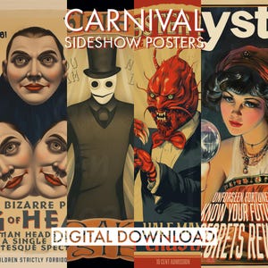 PRINTABLE Carnival Sideshow Poster Gallery Set v5 | Circus Carnival Posters | Freak Show Posters | Vintage Circus | Creepy Carnival Posters