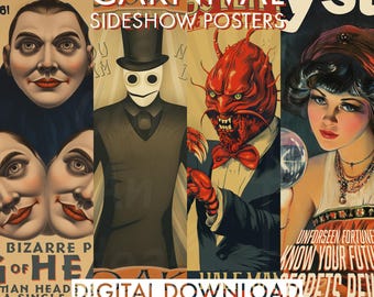 Galería de carteles de espectáculos de carnaval imprimibles v5 / Carteles de carnaval de circo / Carteles de espectáculos de fenómenos / Circo vintage / Carteles de carnaval espeluznantes